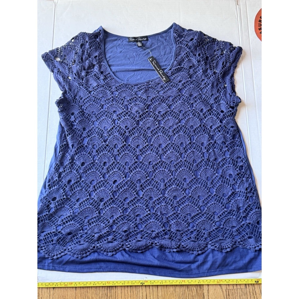 French Laundry Ladies Lace Short Sleeve Blouse. NWT Navy. Sz 3x